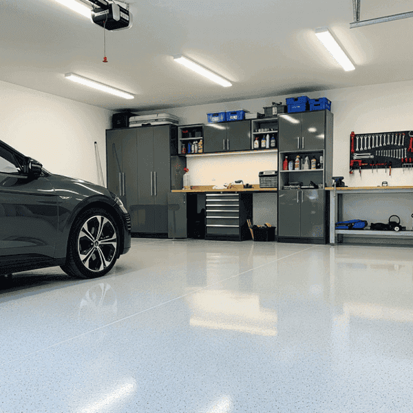 Sol en résine époxy de type paillettes fait pour un garage d'un particulier